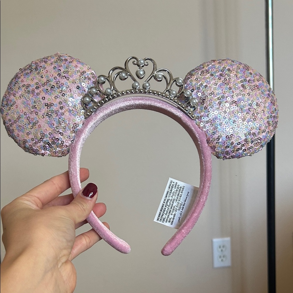 Sparkling Pink Sequin Disney Ears Headband with Silver Crown